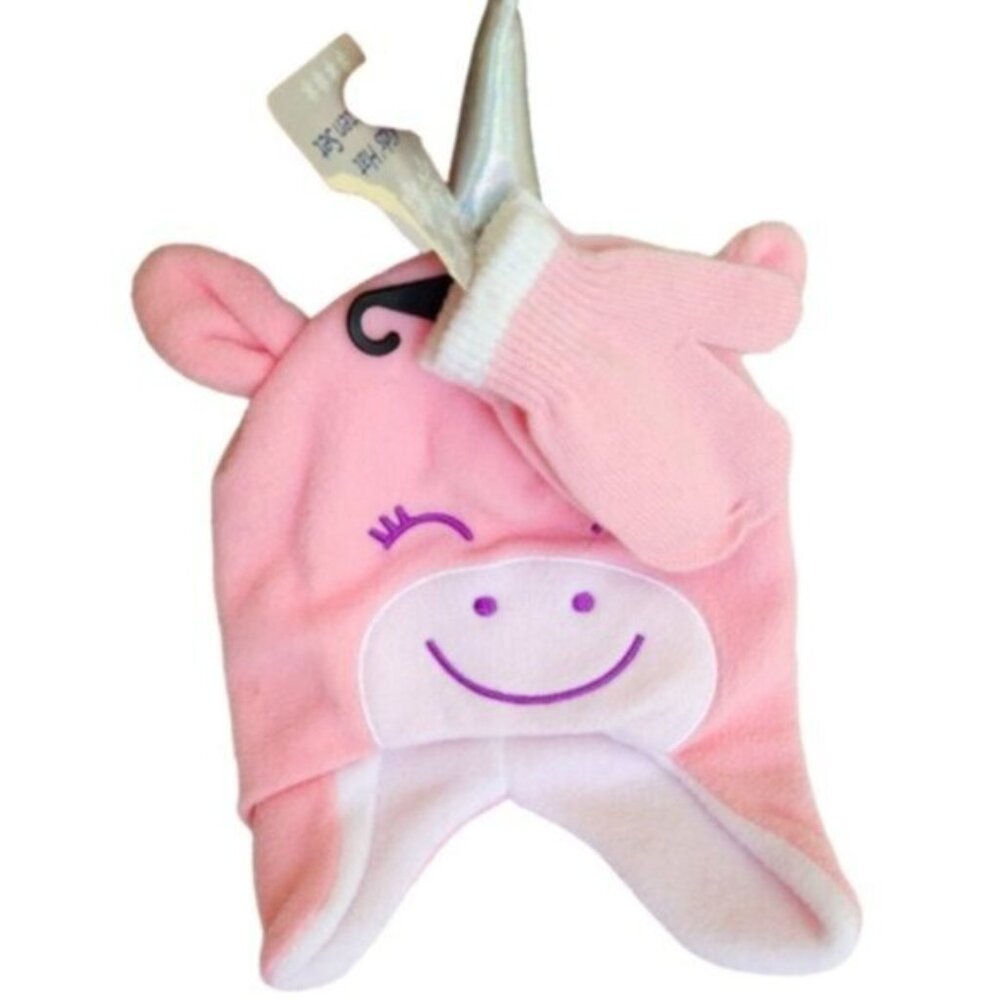 Kids Girls Pink Unicorn Fleece Warm Fall Winter Hat and Glove Mitten Set
